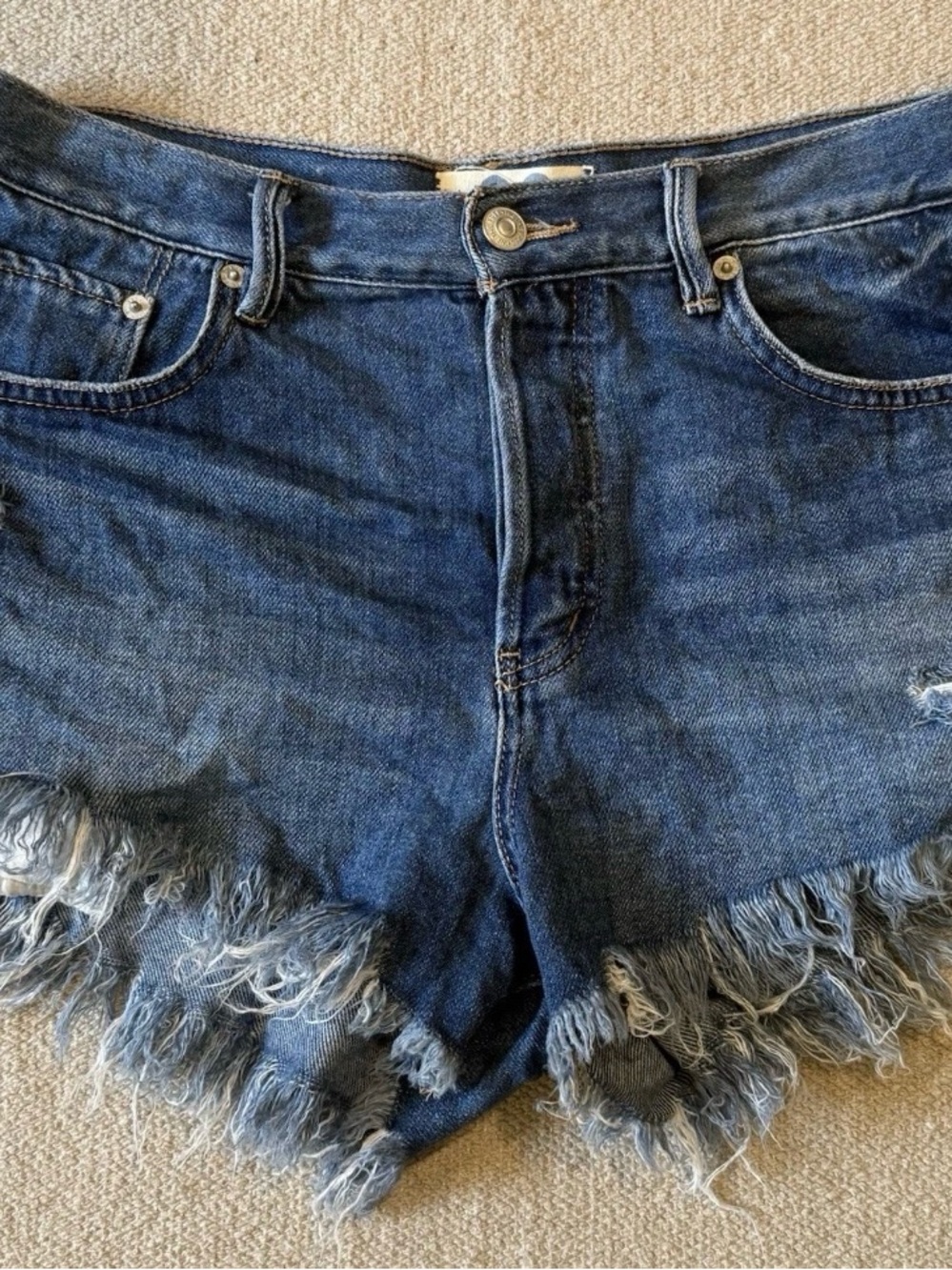 Free People Dark Blue Frayed Denim Shorts